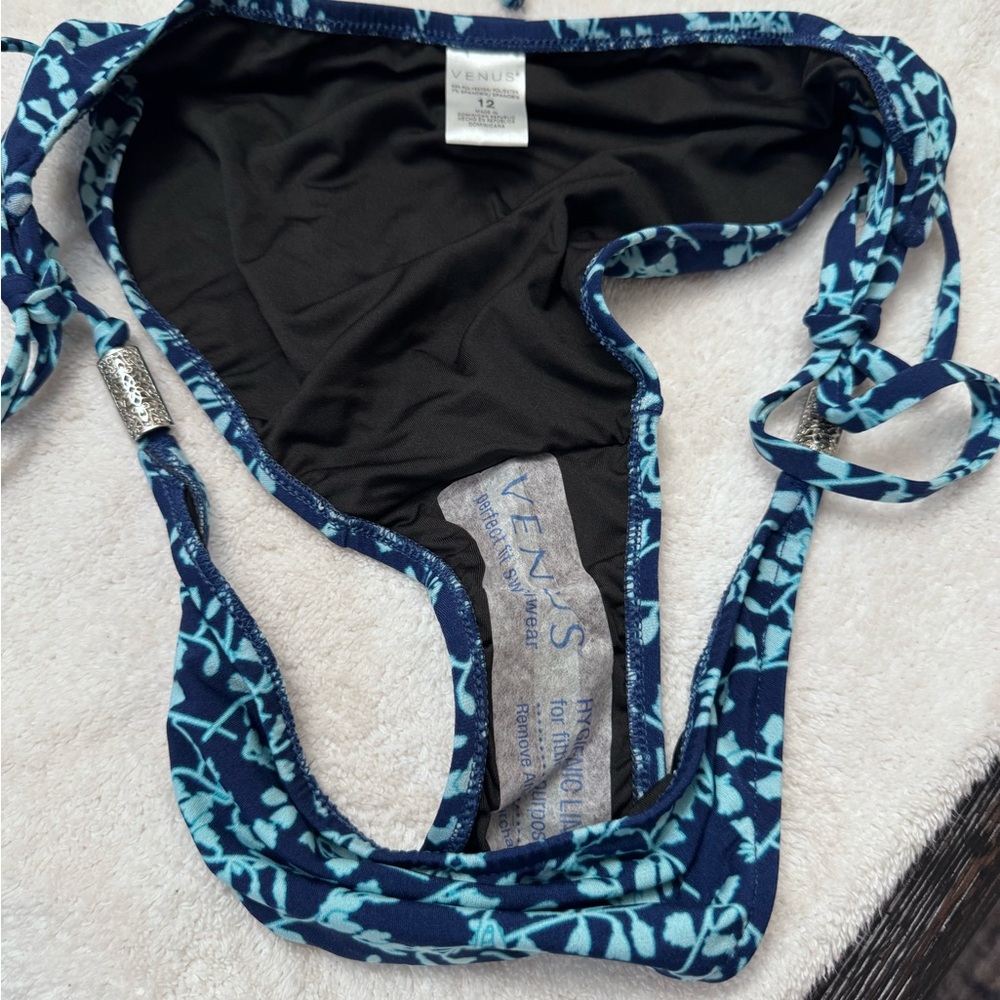 VENUS Navy & Aqua Leaf-Print Tie Bikini Set - Picture 3 of 4
